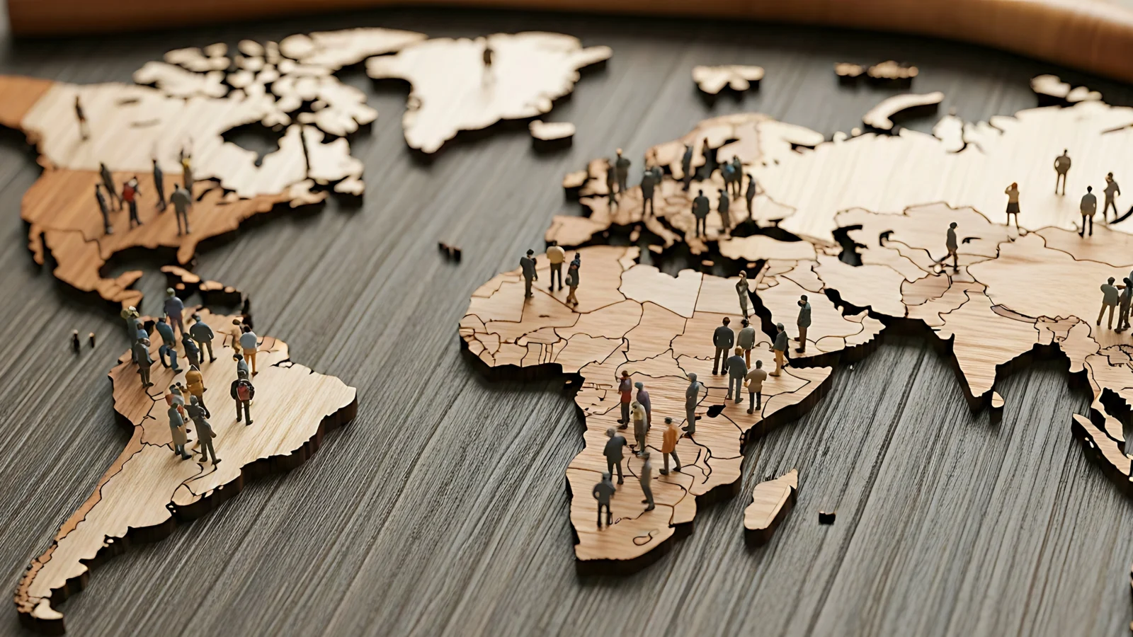 Wooden cutout of contenents with figures stanging