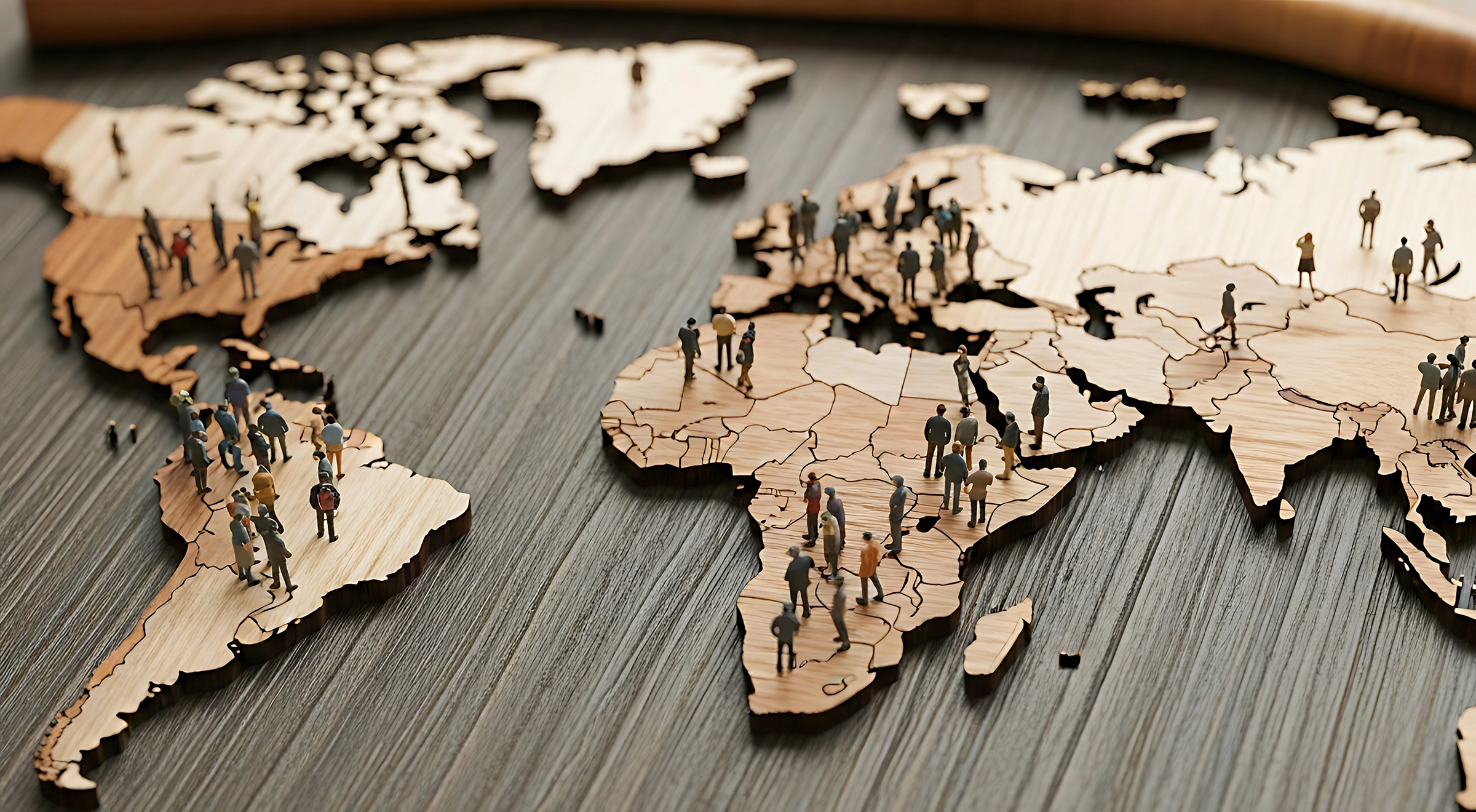 Wooden cutout of contenents with figures stanging